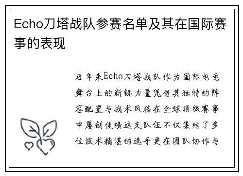 Echo刀塔战队参赛名单及其在国际赛事的表现